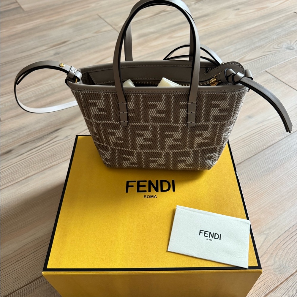 Denim Jacquard FF Effect Vitello Grace Mini Roll Tote in Dove White Dove